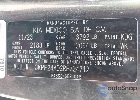 2024 Kia Forte Lxs из США, поврежденный, VIN 3KPF24AD2RE724712